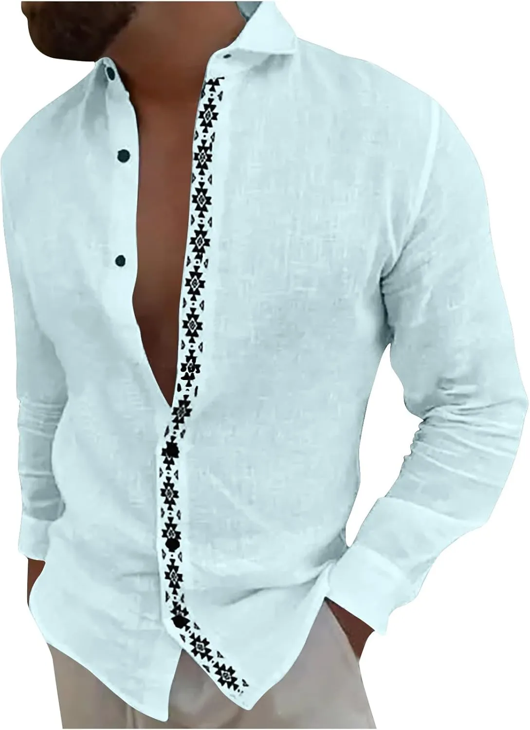 Men's Linen Shirts Long Sleeve Printed Casual Lapel Cardigan Tops Cotton Patchwork Button Trendy Spring 2025 Shirt