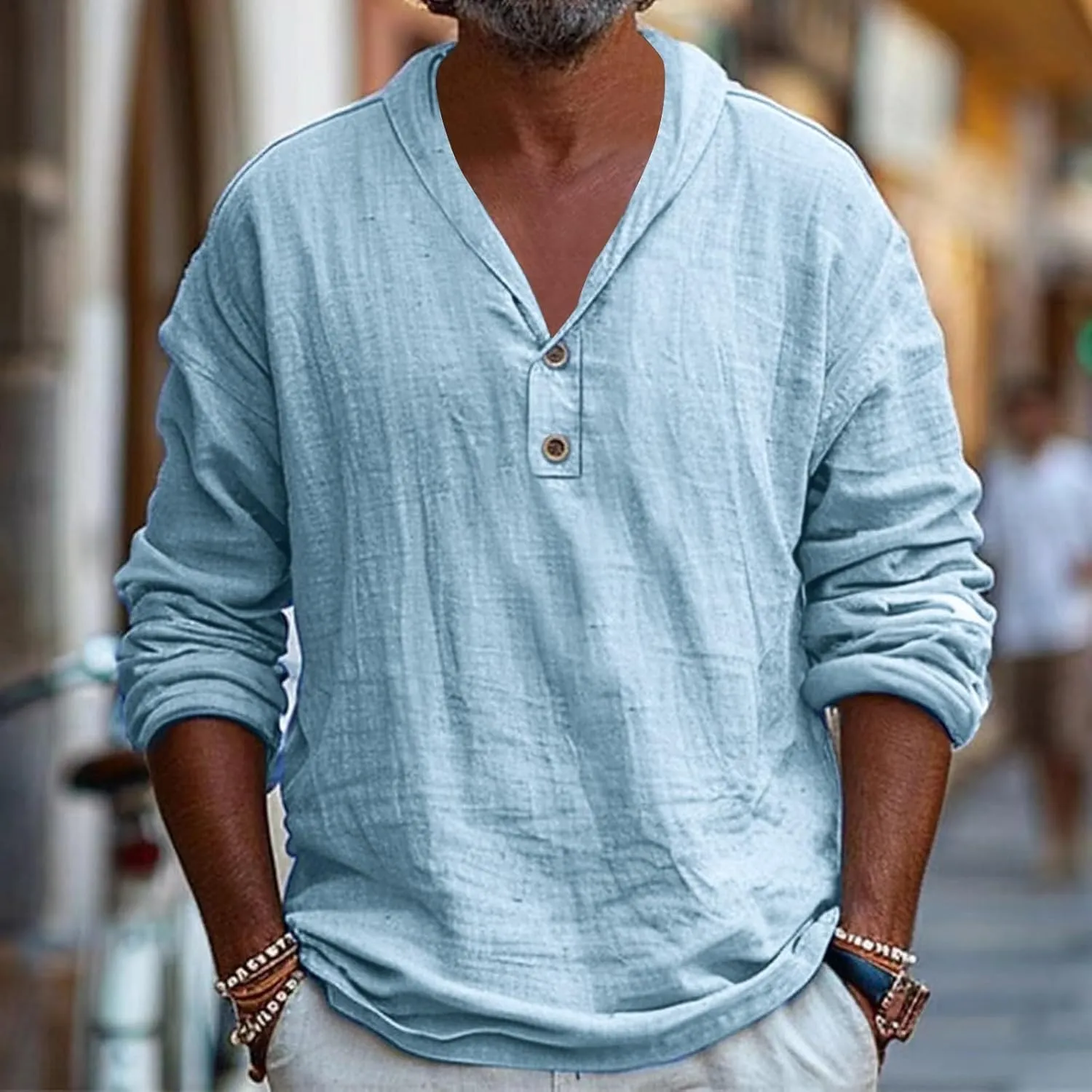 Mens Linen Shirts Long Sleeve V Neck Button Solid Color Blouses Basic Outdoor Summer Beach Fashion Tees Shirt 2025