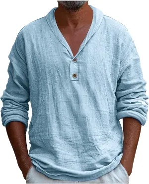 Mens Linen Shirts Long Sleeve V Neck Button Solid Color Blouses Basic Outdoor Summer Beach Fashion Tees Shirt 2025