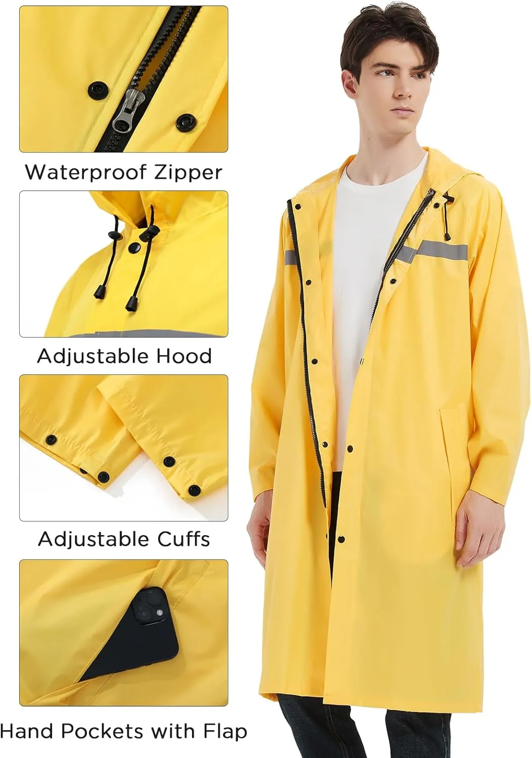 Mens Long Safety Rain Coats with Air Vents Reflective Stripes Waterproof Packable Rain Jacket with Hood Lightweight