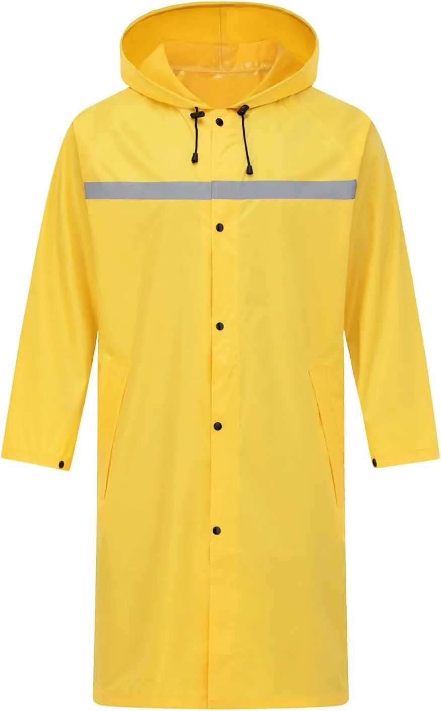 Mens Long Safety Rain Coats with Air Vents Reflective Stripes Waterproof Packable Rain Jacket with Hood Lightweight