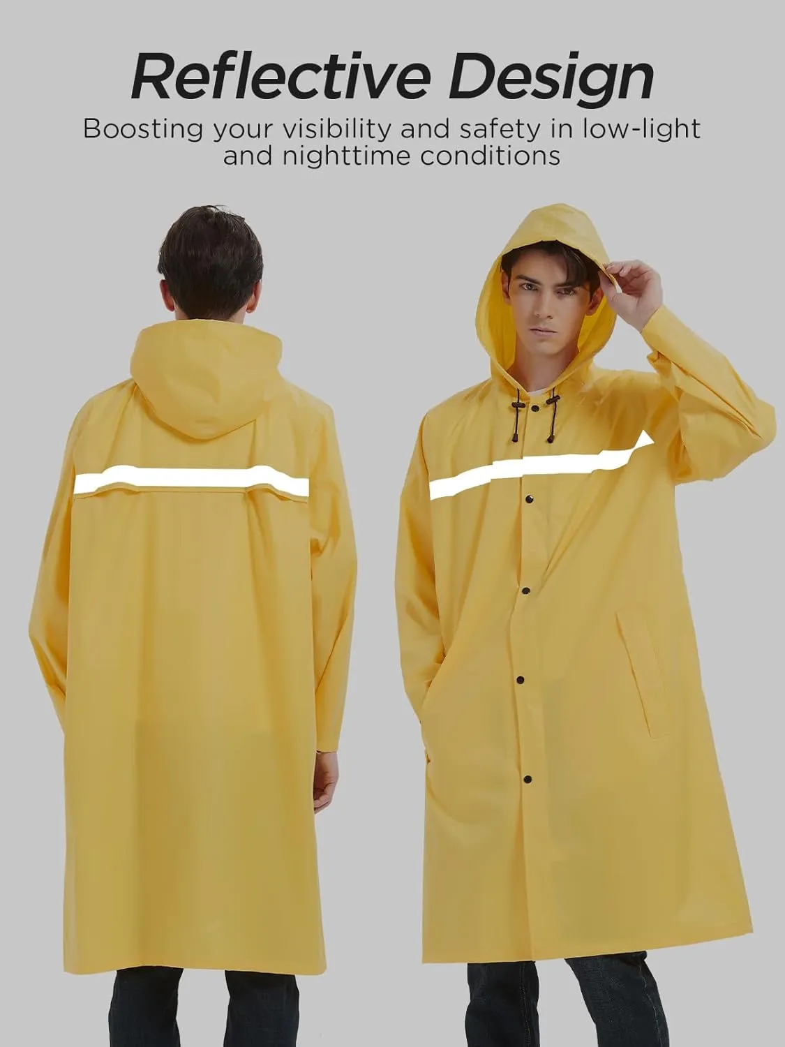 Mens Long Safety Rain Coats with Air Vents Reflective Stripes Waterproof Packable Rain Jacket with Hood Lightweight
