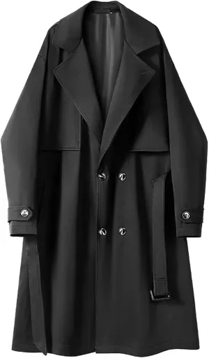 Men's Long Trench Windbreaker Coat Double Breasted Lapel Windproof Overcoat With Belt