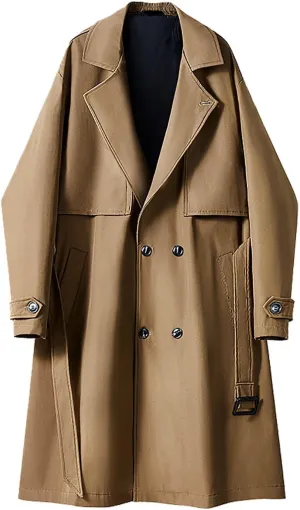 Men's Long Trench Windbreaker Coat Double Breasted Lapel Windproof Overcoat With Belt
