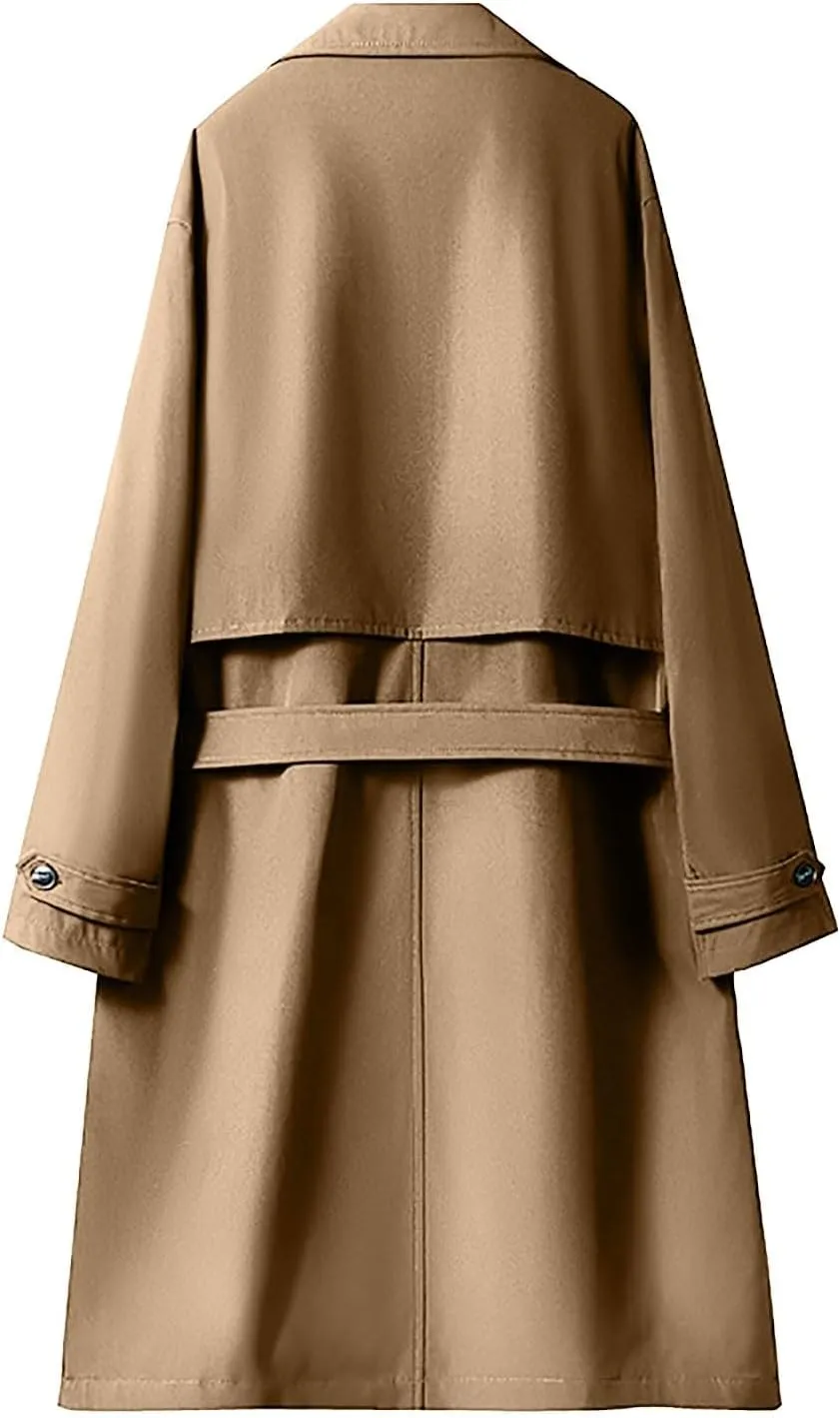 Men's Long Trench Windbreaker Coat Double Breasted Lapel Windproof Overcoat With Belt