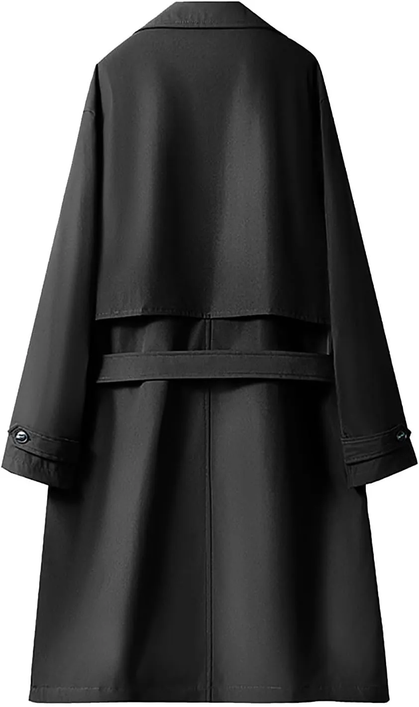 Men's Long Trench Windbreaker Coat Double Breasted Lapel Windproof Overcoat With Belt