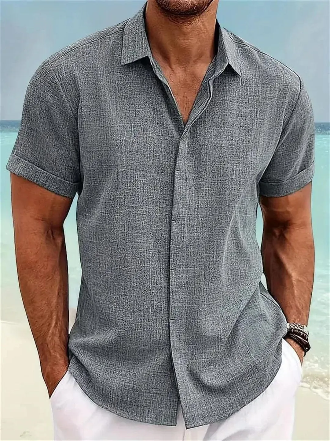 Men's Loose Cotton Linen Shirt Beach Large Size Short-Sleeved Shirt