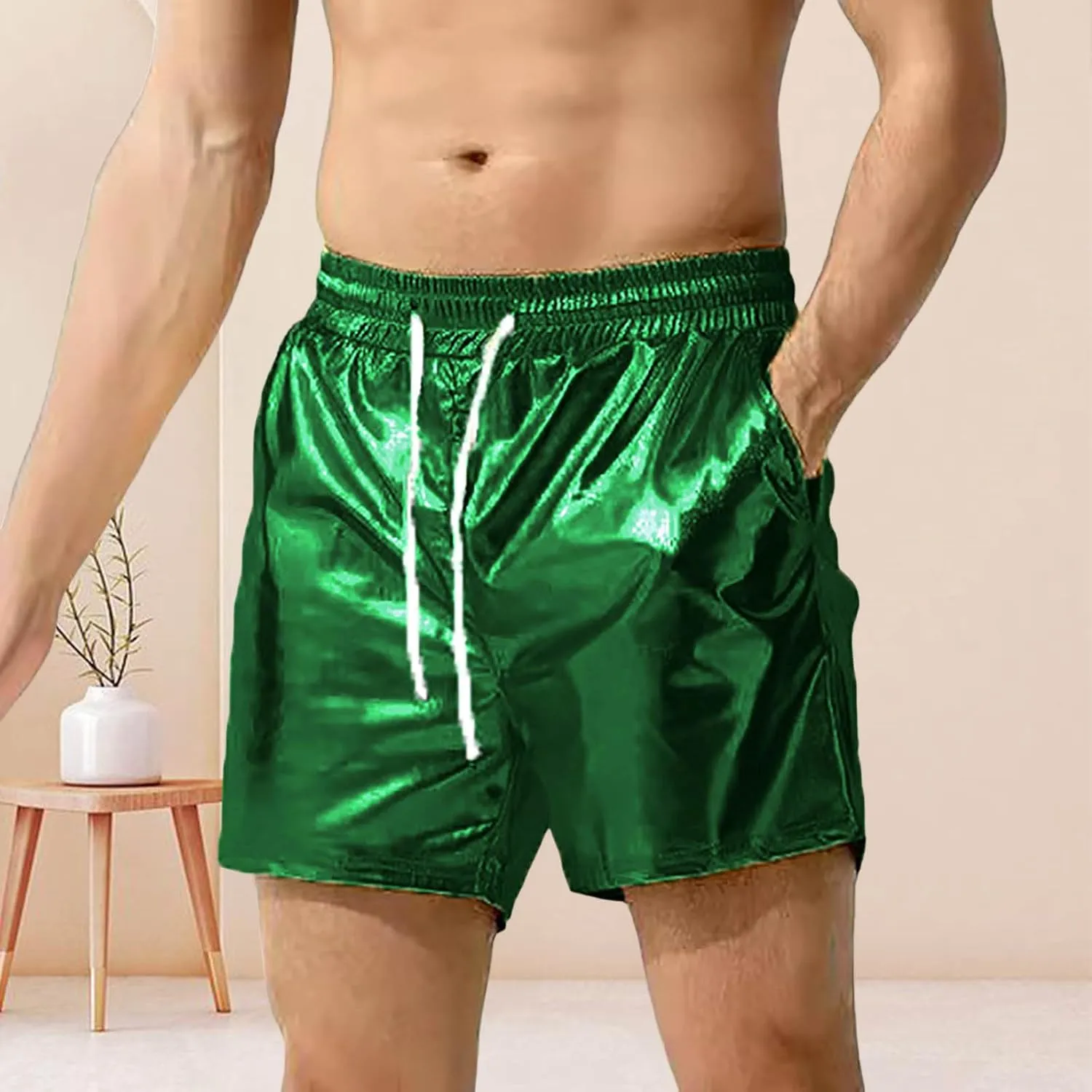 Men's Metallic Sparkly Beach Shorts Elastic Waist Shiny Drawstring Board Shorts Baggy Lightweight Comfy Swim Trunks
