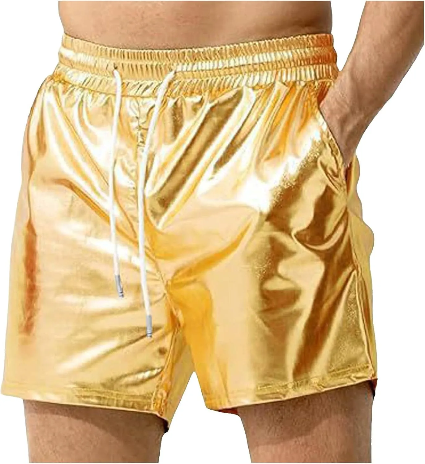 Men's Metallic Sparkly Beach Shorts Elastic Waist Shiny Drawstring Board Shorts Baggy Lightweight Comfy Swim Trunks