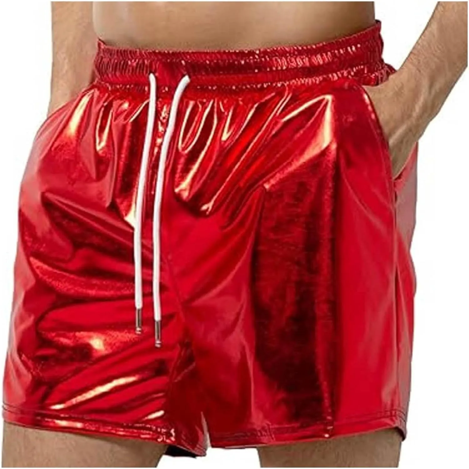 Men's Metallic Sparkly Beach Shorts Elastic Waist Shiny Drawstring Board Shorts Baggy Lightweight Comfy Swim Trunks