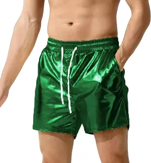 Men's Metallic Sparkly Beach Shorts Elastic Waist Shiny Drawstring Board Shorts Baggy Lightweight Comfy Swim Trunks