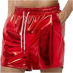 Men's Metallic Sparkly Beach Shorts Elastic Waist Shiny Drawstring Board Shorts Baggy Lightweight Comfy Swim Trunks