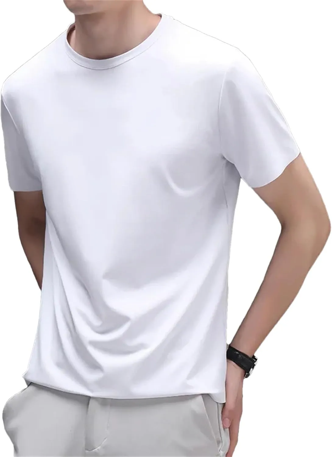 Men's Mulberry Silk Polo Shirts for Men Summer Thin Round Neck Silk Short Sleeve T-Shirt