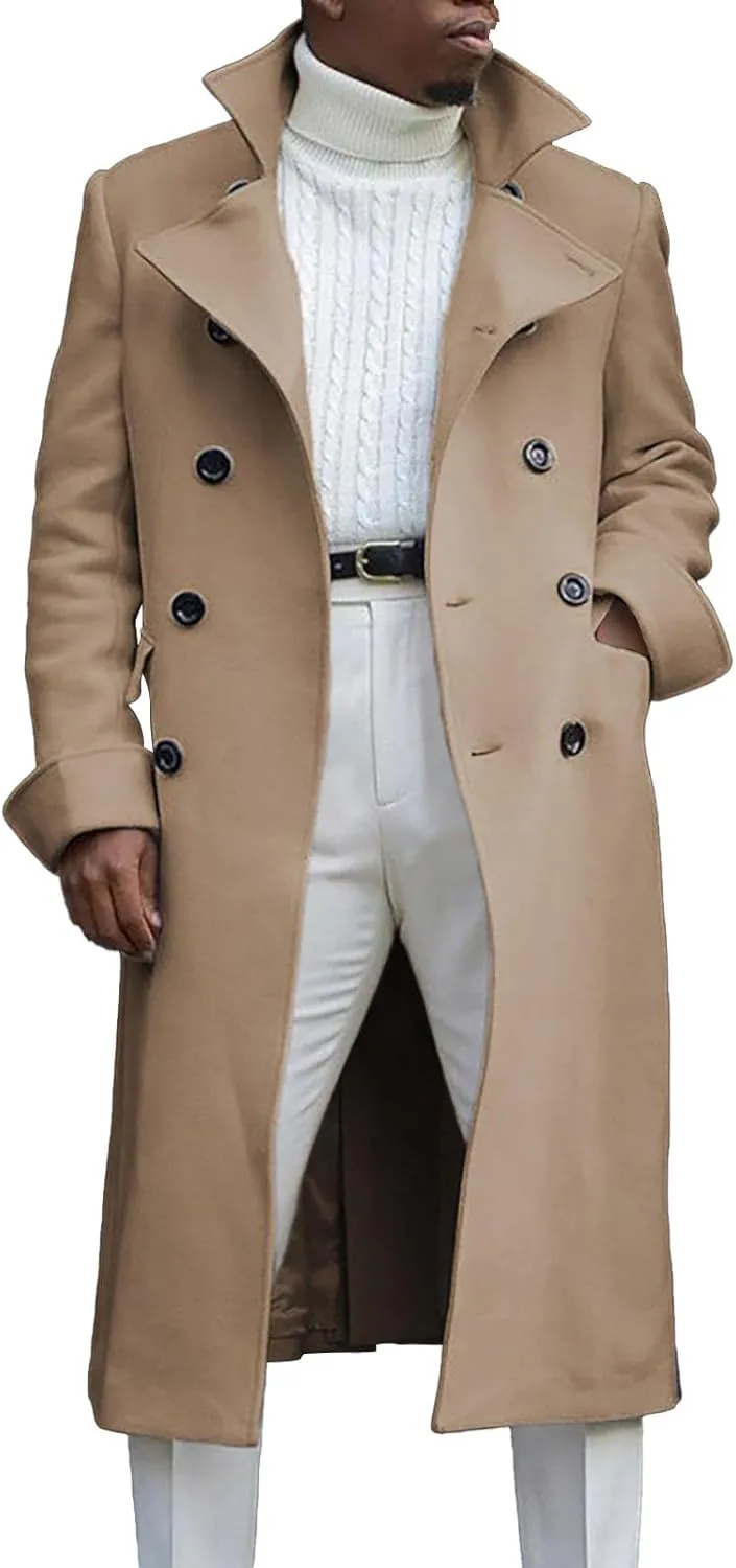 Mens Notch Lapel Double Breasted Long Trench Coat Casual Cotton Peacoats Windbreaker Long Jacket Windproof Overcoats