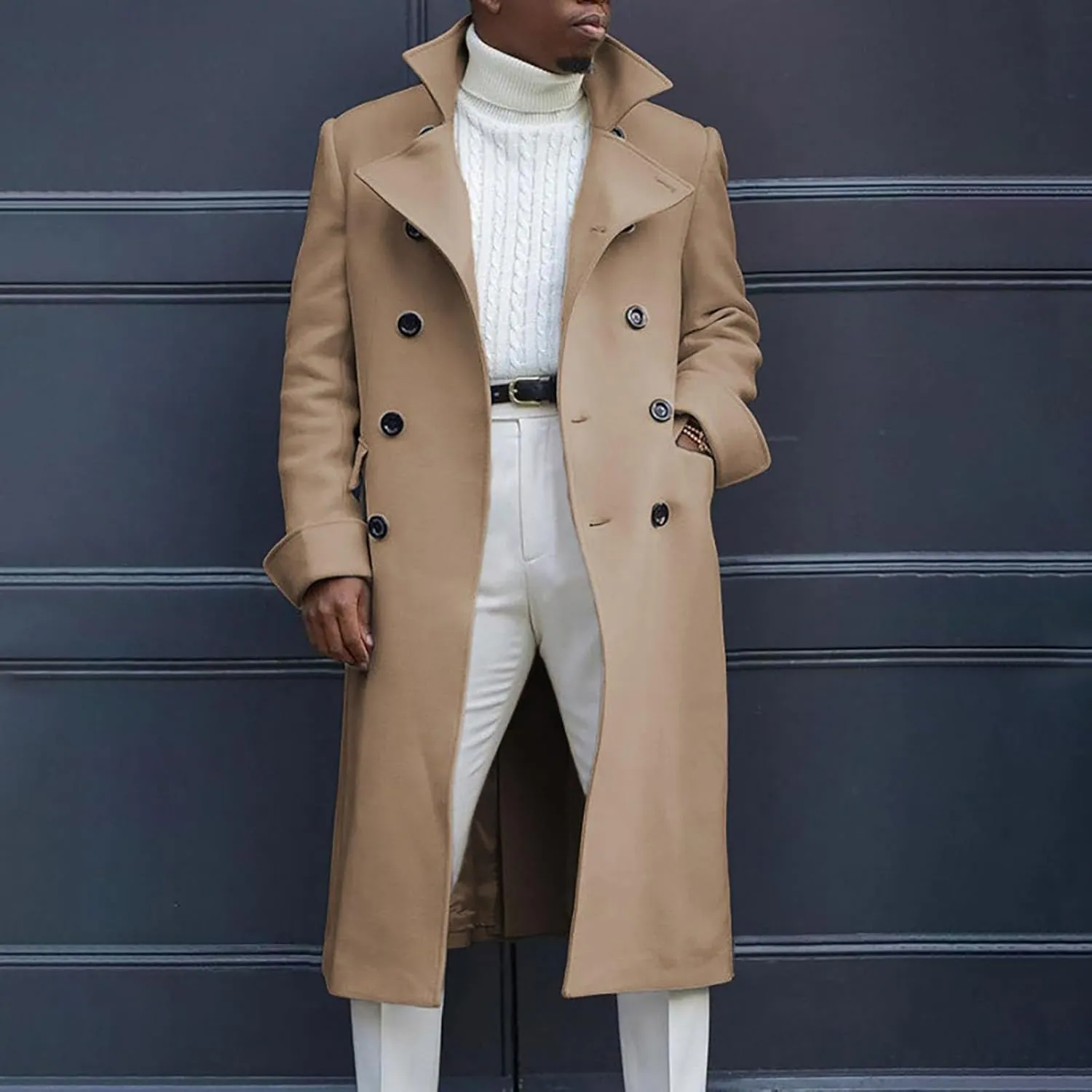 Mens Notch Lapel Double Breasted Long Trench Coat Casual Cotton Peacoats Windbreaker Long Jacket Windproof Overcoats