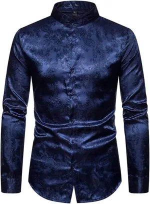 Mens Paisley Dress Shirts Casual Long Sleeve Mandarin Collar Shirt Men Formal Business Camisa Male Social for Man