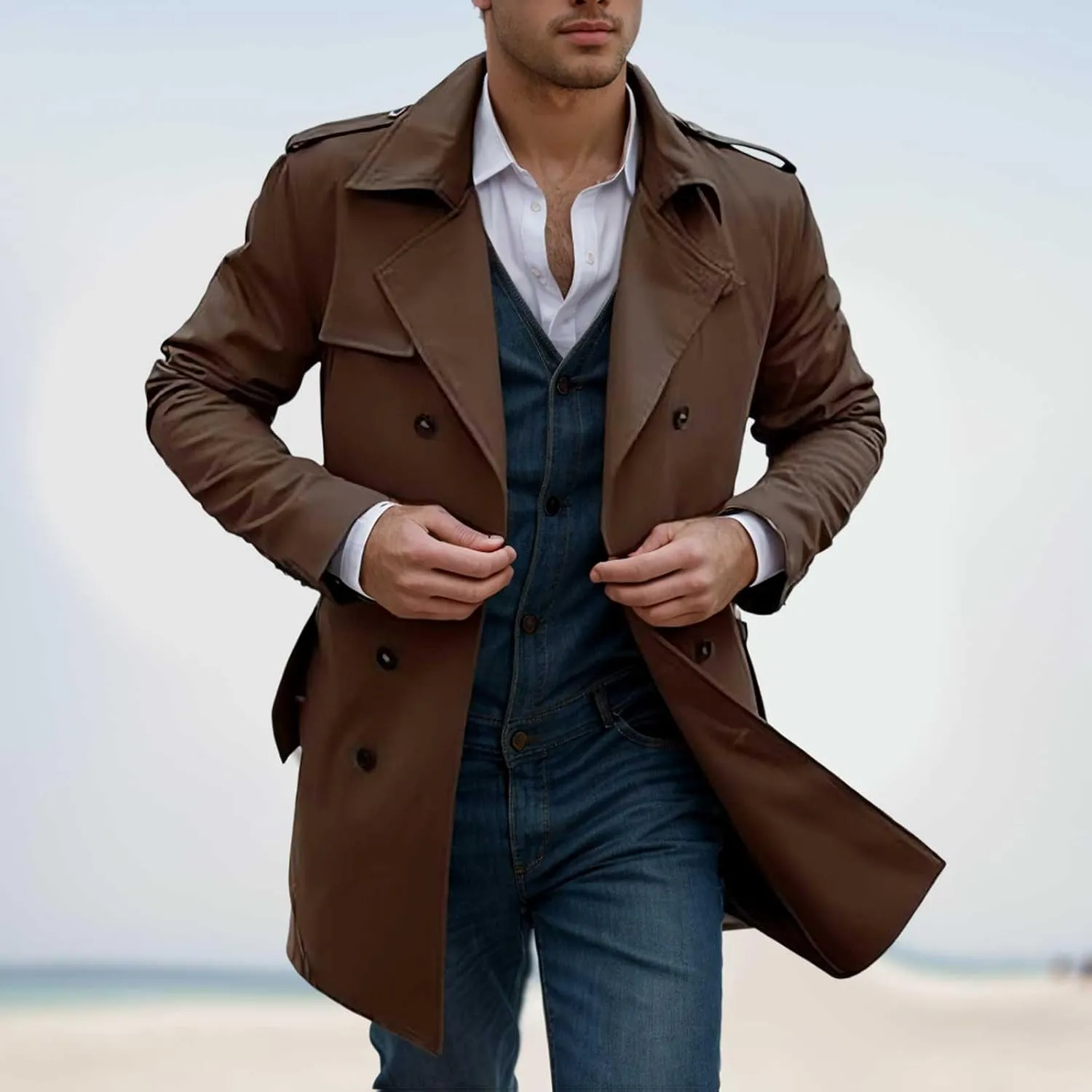 Men's Peacoat Double Breasted Winter Trench Coat Slim Fit Notched Collar Pea Coat Warm Soft Overcoat