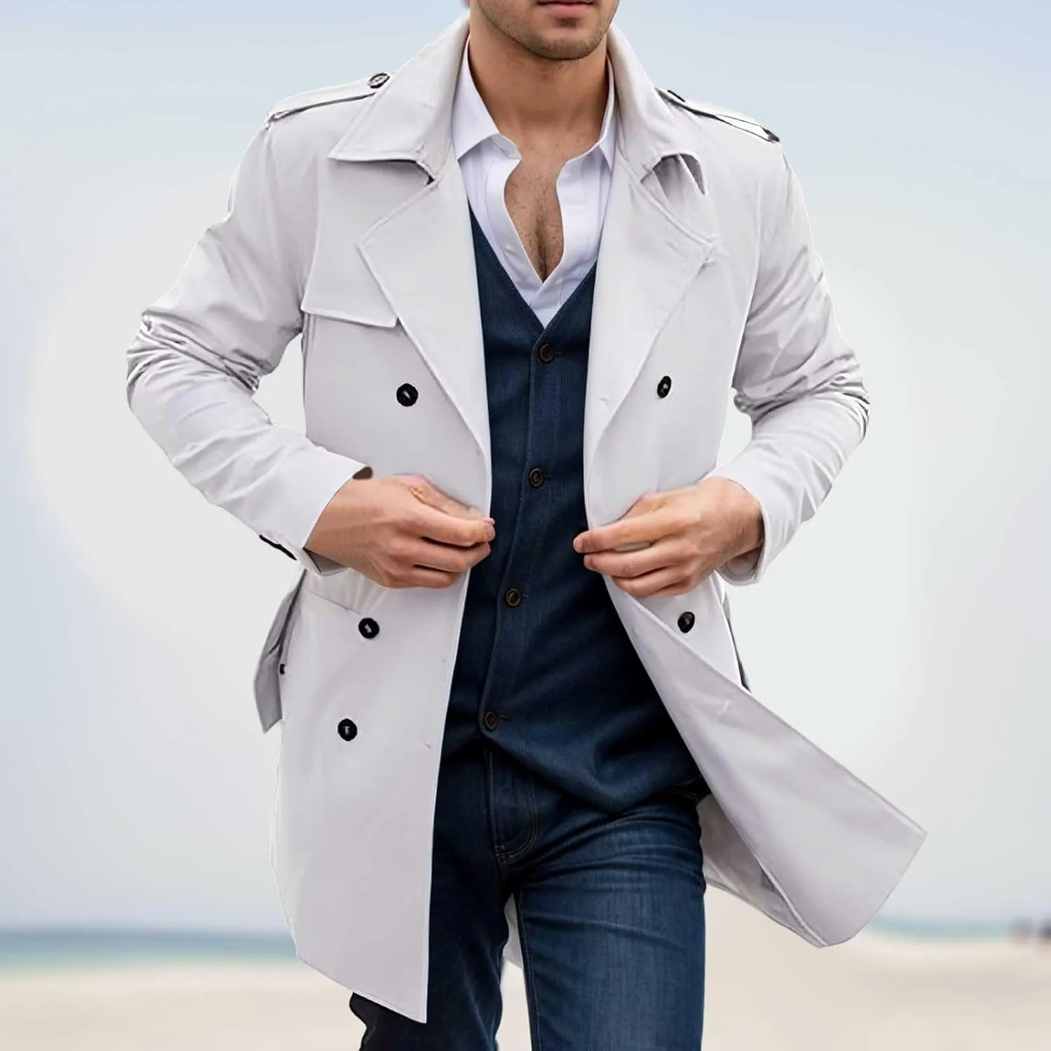 Men's Peacoat Double Breasted Winter Trench Coat Slim Fit Notched Collar Pea Coat Warm Soft Overcoat