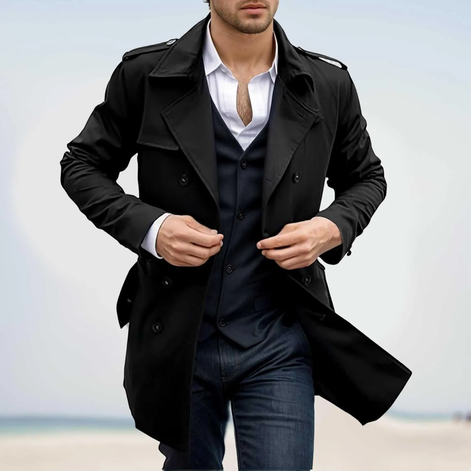 Men's Peacoat Double Breasted Winter Trench Coat Slim Fit Notched Collar Pea Coat Warm Soft Overcoat