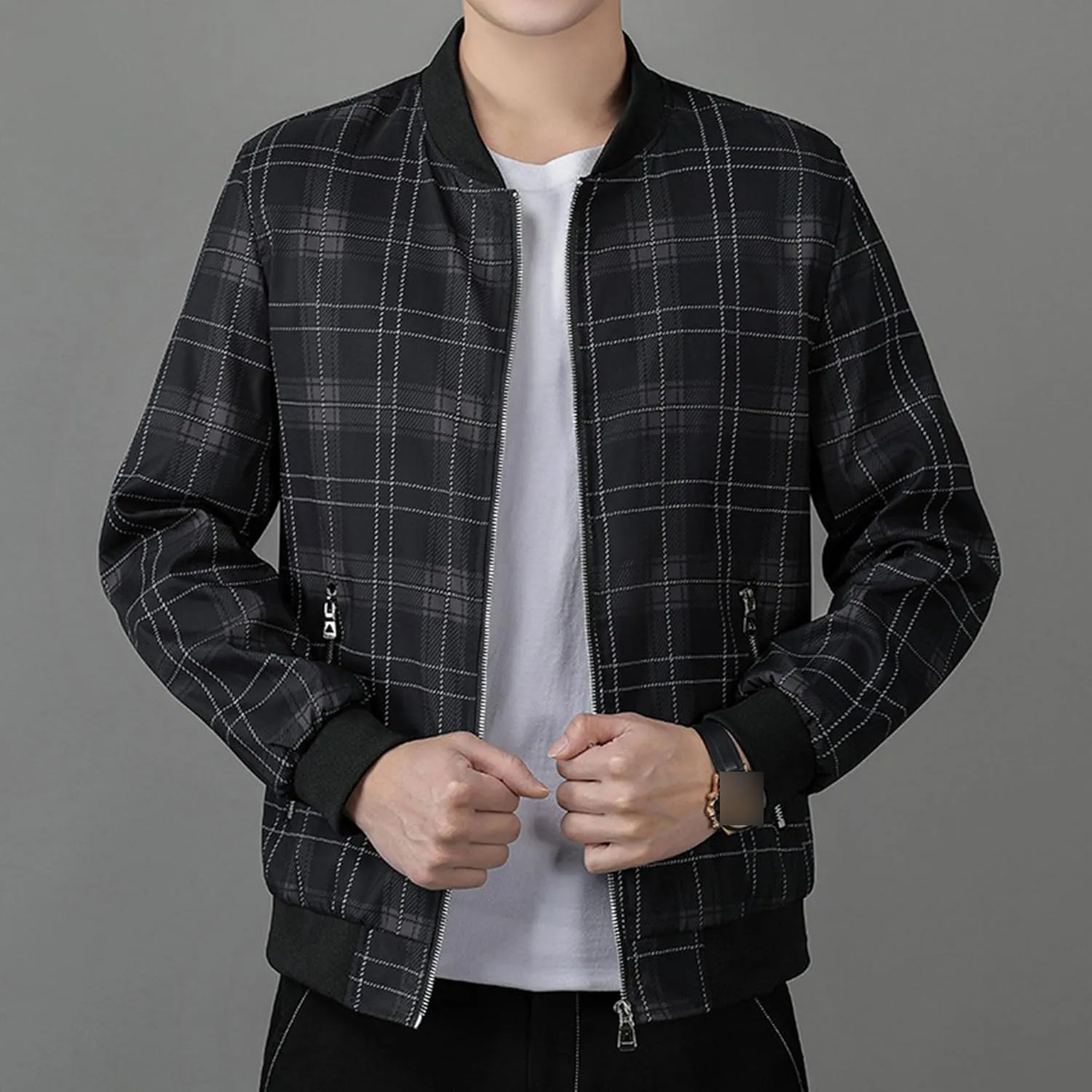 Men's Plaid Stand Collar Jacket Casual Field Windbreaker Jackets Slim Fit Cotton Baseball Bomber Coat