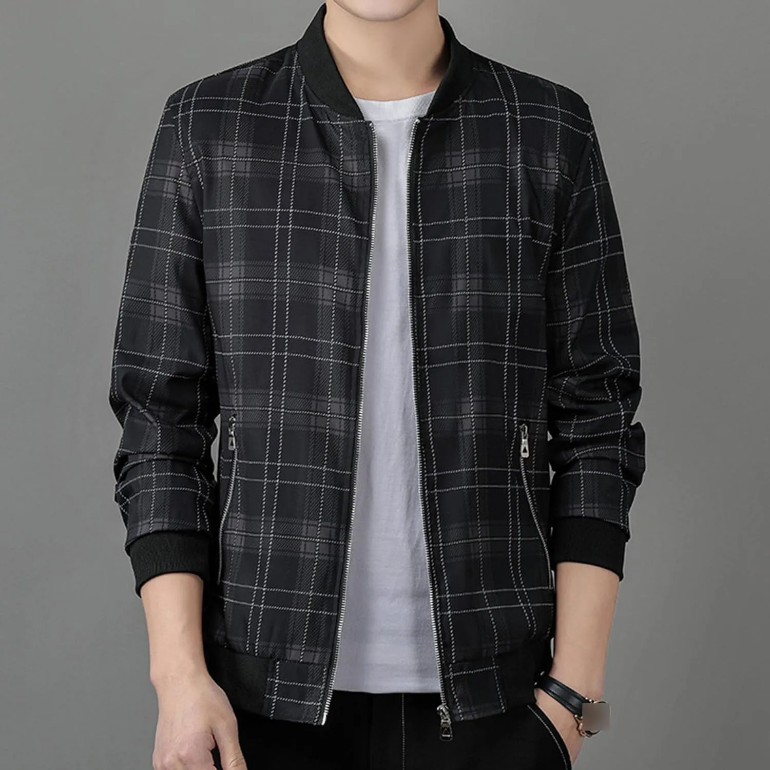Men's Plaid Stand Collar Jacket Casual Field Windbreaker Jackets Slim Fit Cotton Baseball Bomber Coat
