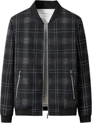Men's Plaid Stand Collar Jacket Casual Field Windbreaker Jackets Slim Fit Cotton Baseball Bomber Coat