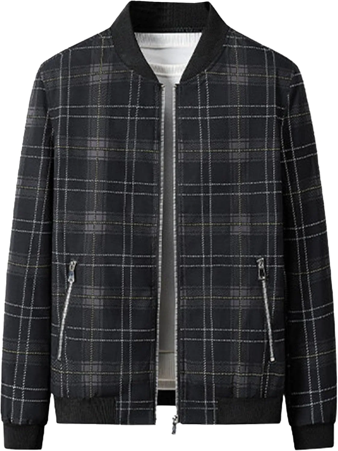 Men's Plaid Stand Collar Jacket Casual Field Windbreaker Jackets Slim Fit Cotton Baseball Bomber Coat