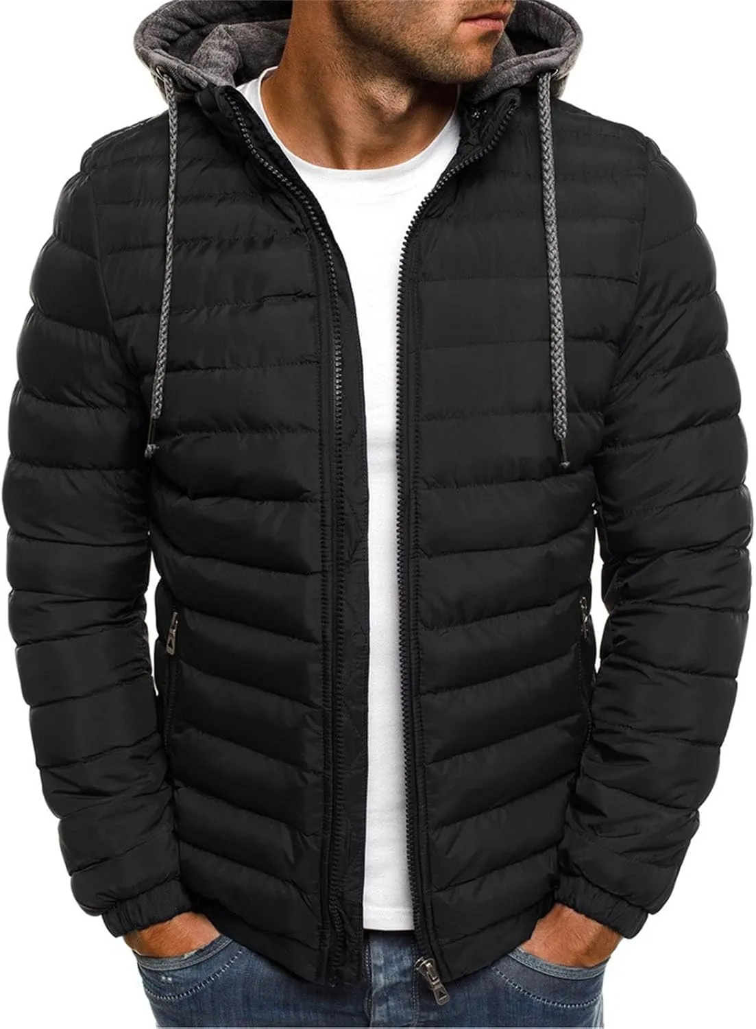Men's Puffer Jacket Water-Resistant Hooded Winter Coats Quilted Lightweight Packable Coat Down Alternative Jacket 2024