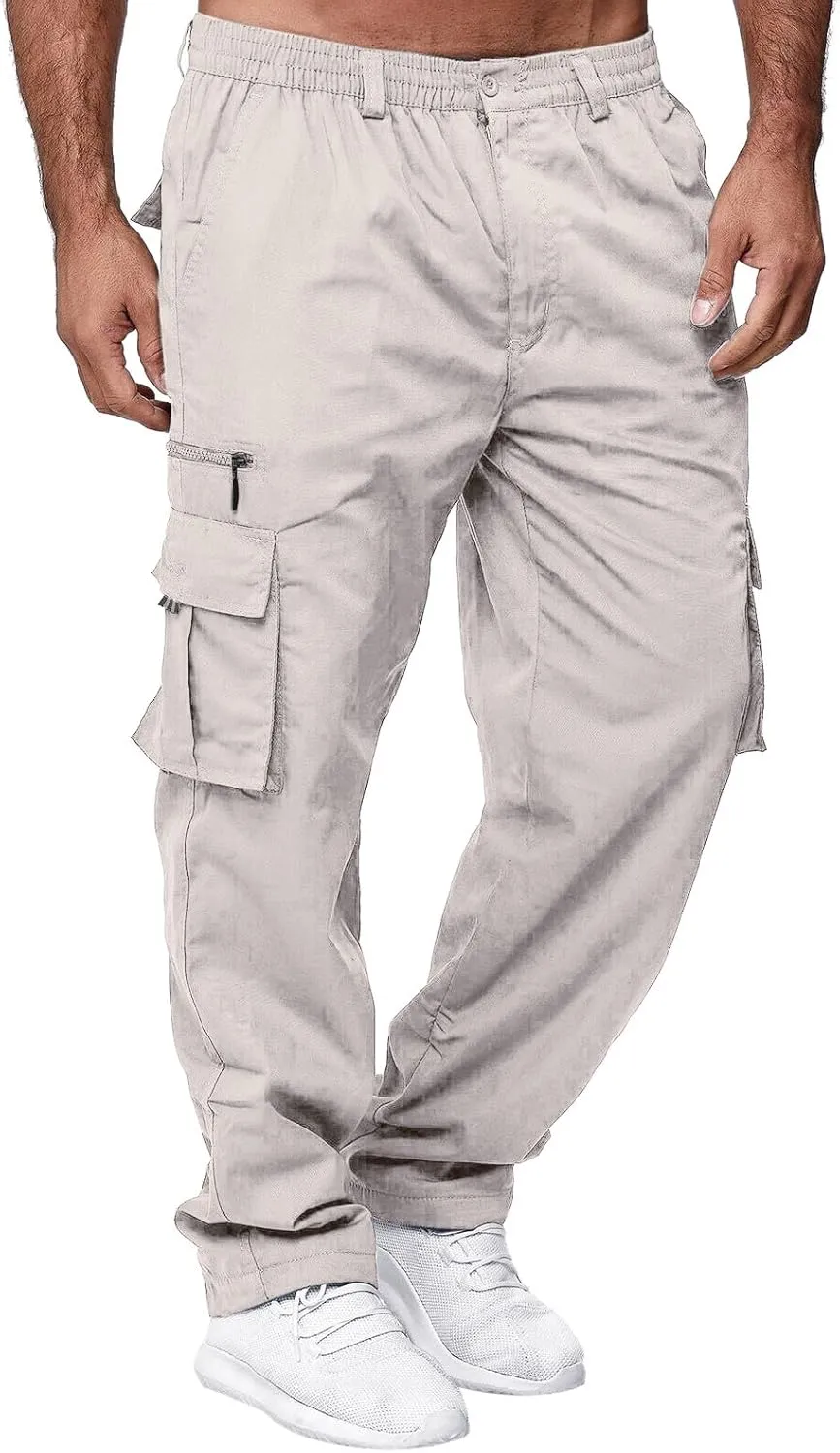 Mens Resort Wear 2025 Multi Pockets Cargo Pants Hiking Combat Work Outdoor Trousers Casual Slim Straight Fit Sweatpants