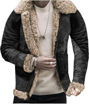 Mens Sherpa Lined Leather Jacket Suede Exterior Faux Fur Collar Winter Sheepskin Shearling Coat for Casual