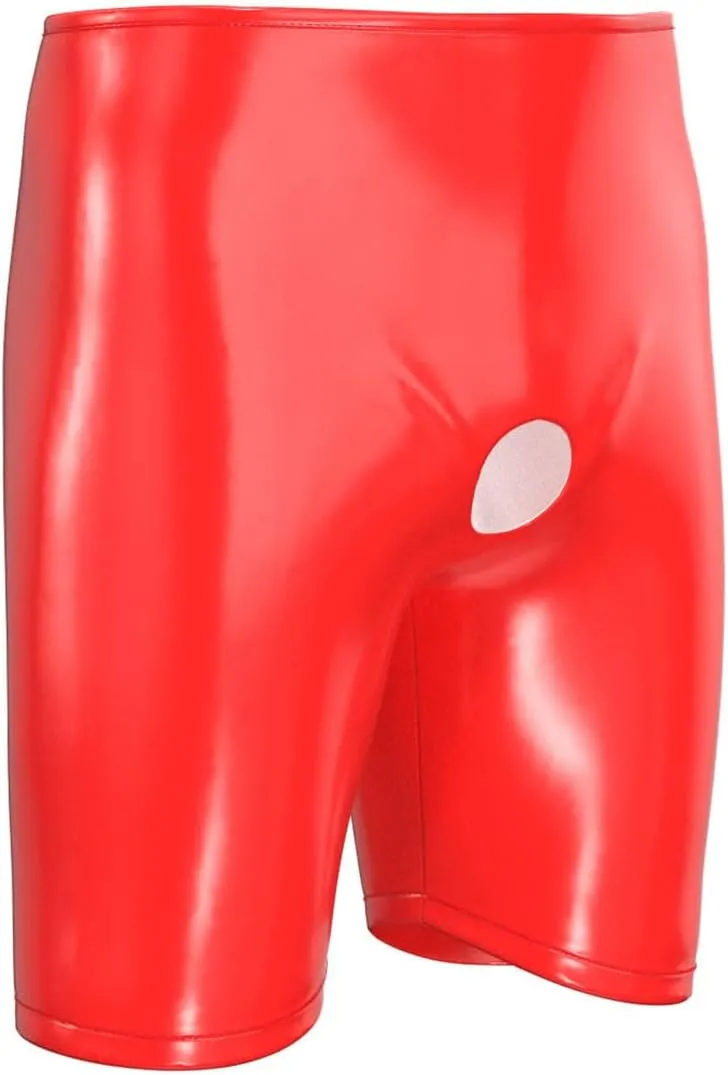 Men's Shiny Leather Boxer, Sexy Open Crotch, Comfort Stretch Waistband, Glossy PU Leather