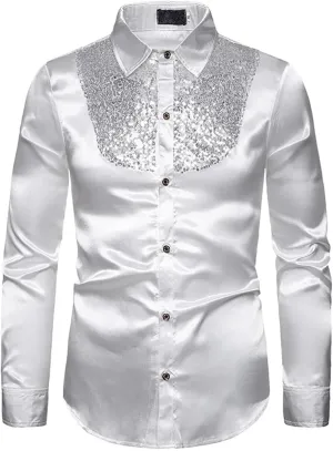 Mens Shiny Sequins Silk Satin Dress Shirts Long Sleeve Button Up Shirt Men Disco Party Stage Singer Prom Male Shirt