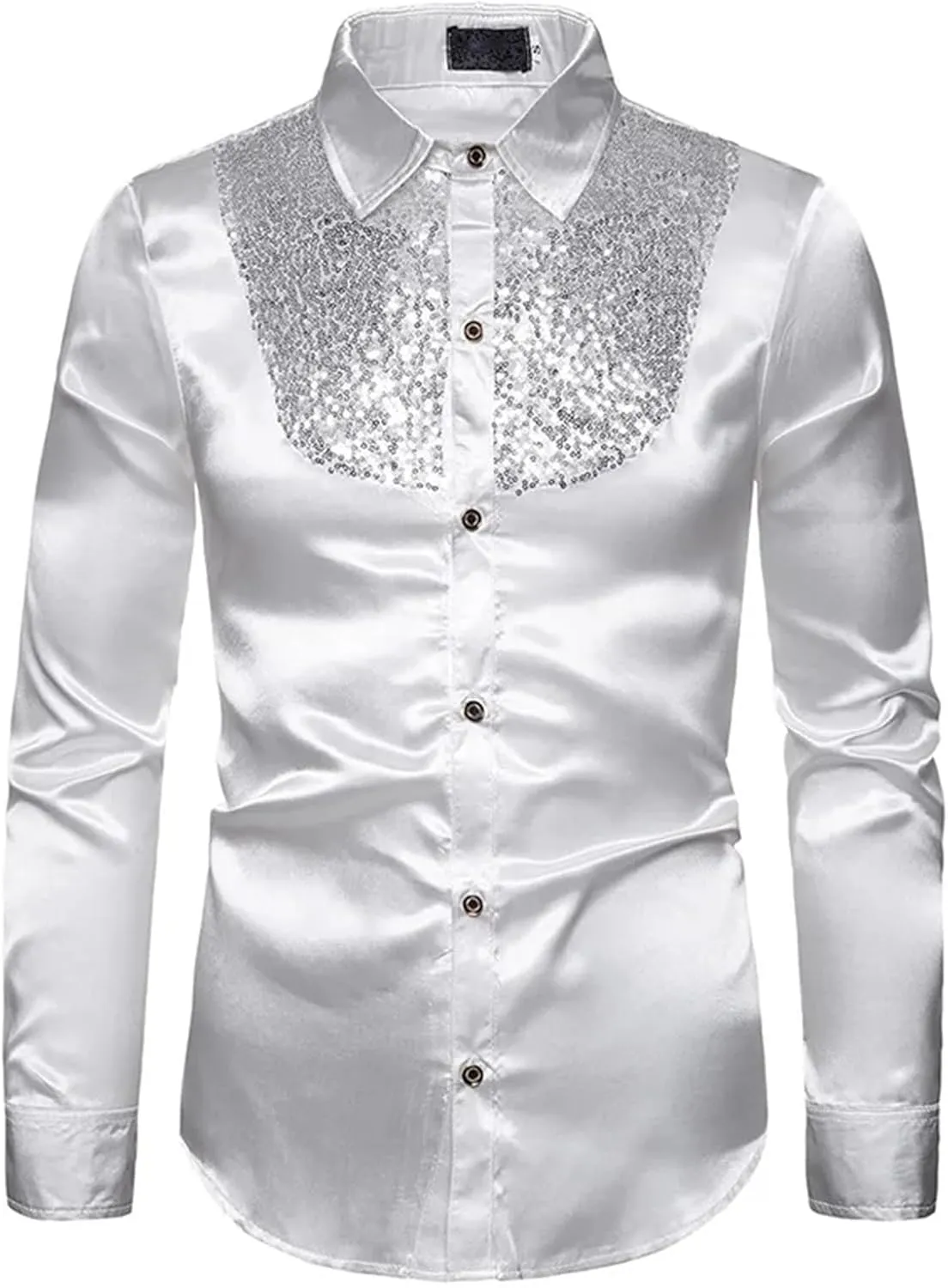 Mens Shiny Sequins Silk Satin Dress Shirts Long Sleeve Button Up Shirt Men Disco Party Stage Singer Prom Male Shirt