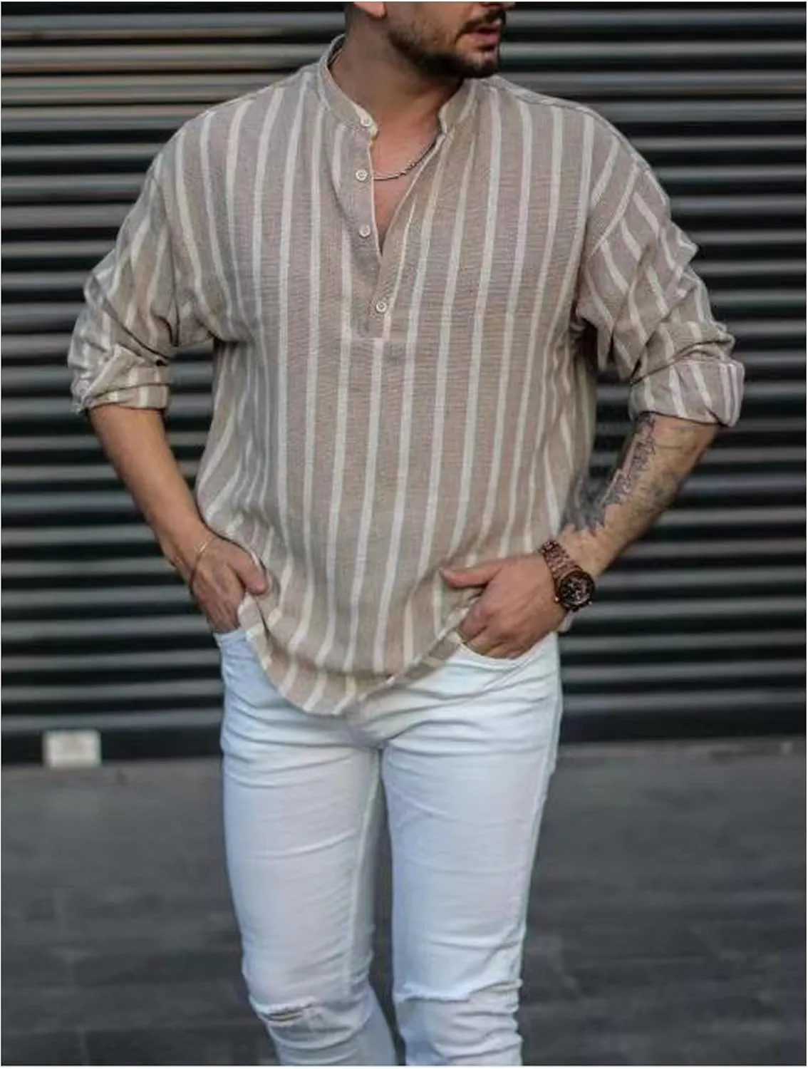 Men's Shirt Cotton and Linen Striped Pocket Long-Sleeved Shirt