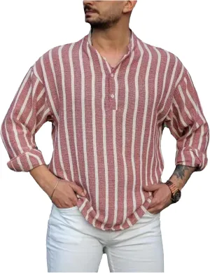Men's Shirt Cotton and Linen Striped Pocket Long-Sleeved Shirt