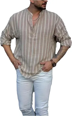 Men's Shirt Cotton and Linen Striped Pocket Long-Sleeved Shirt