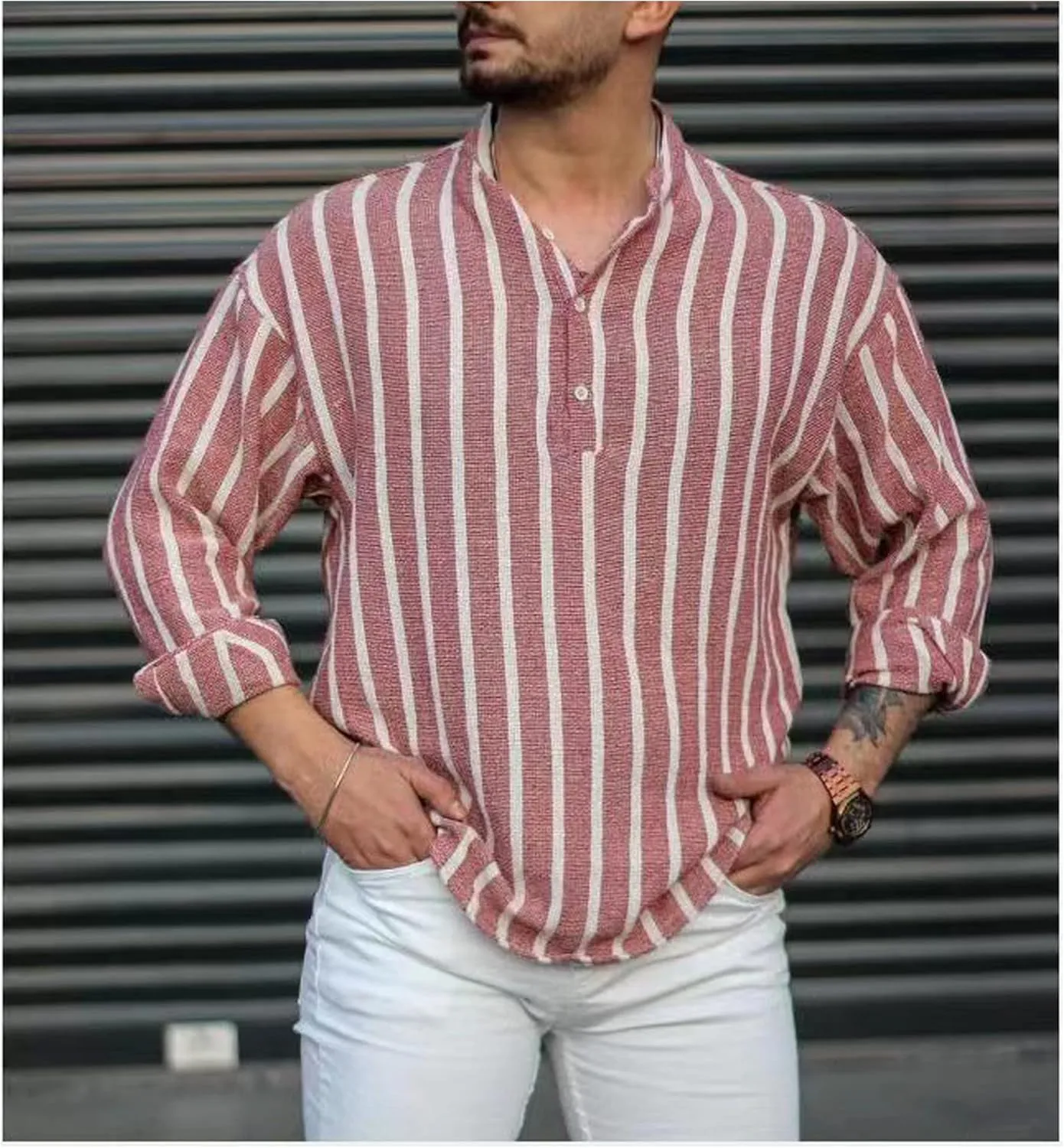 Men's Shirt Cotton and Linen Striped Pocket Long-Sleeved Shirt