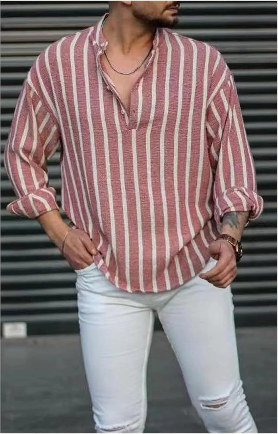 Men's Shirt Cotton and Linen Striped Pocket Long-Sleeved Shirt