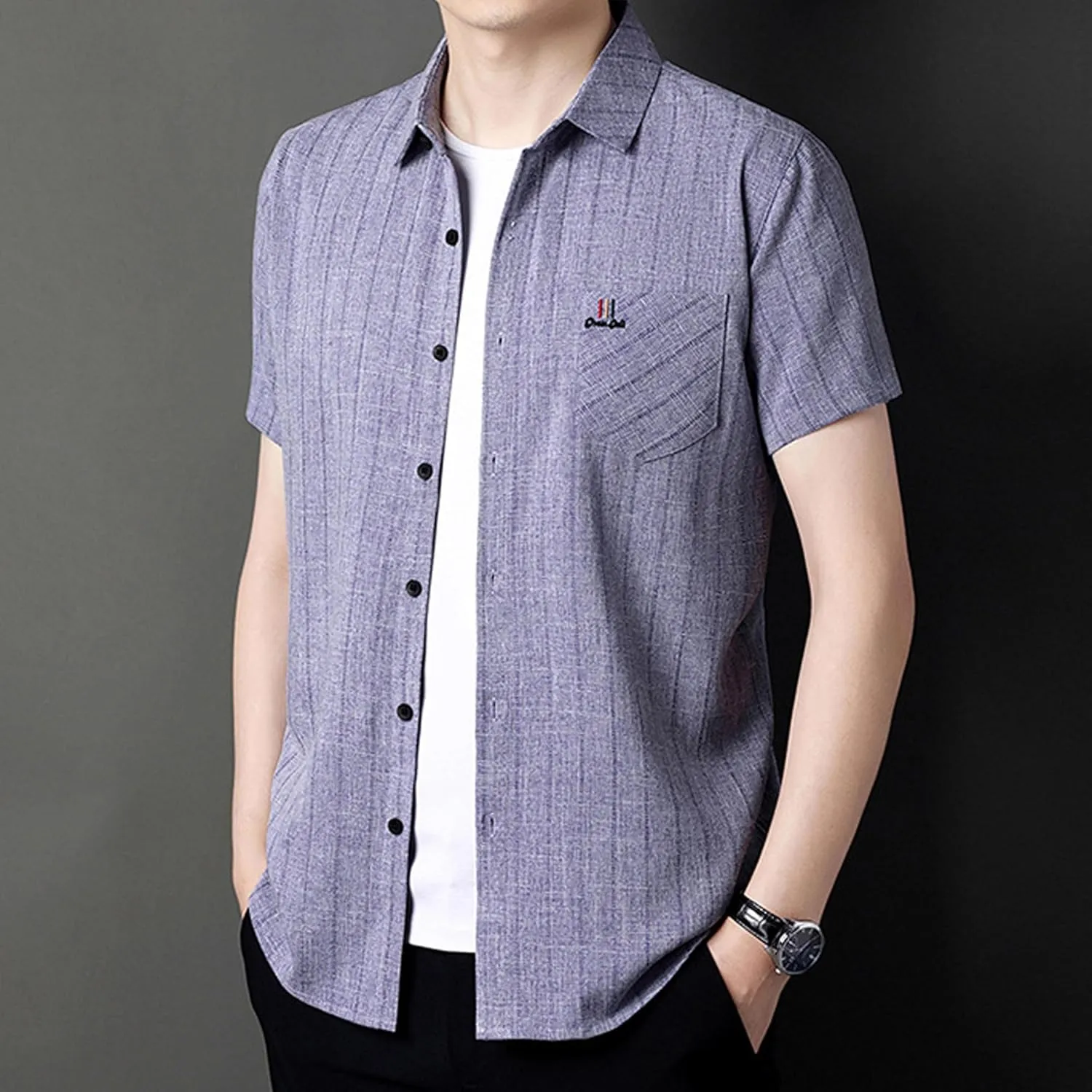 Men's Shirt Slim Short-Sleeved Cotton Linen Striped Shirt