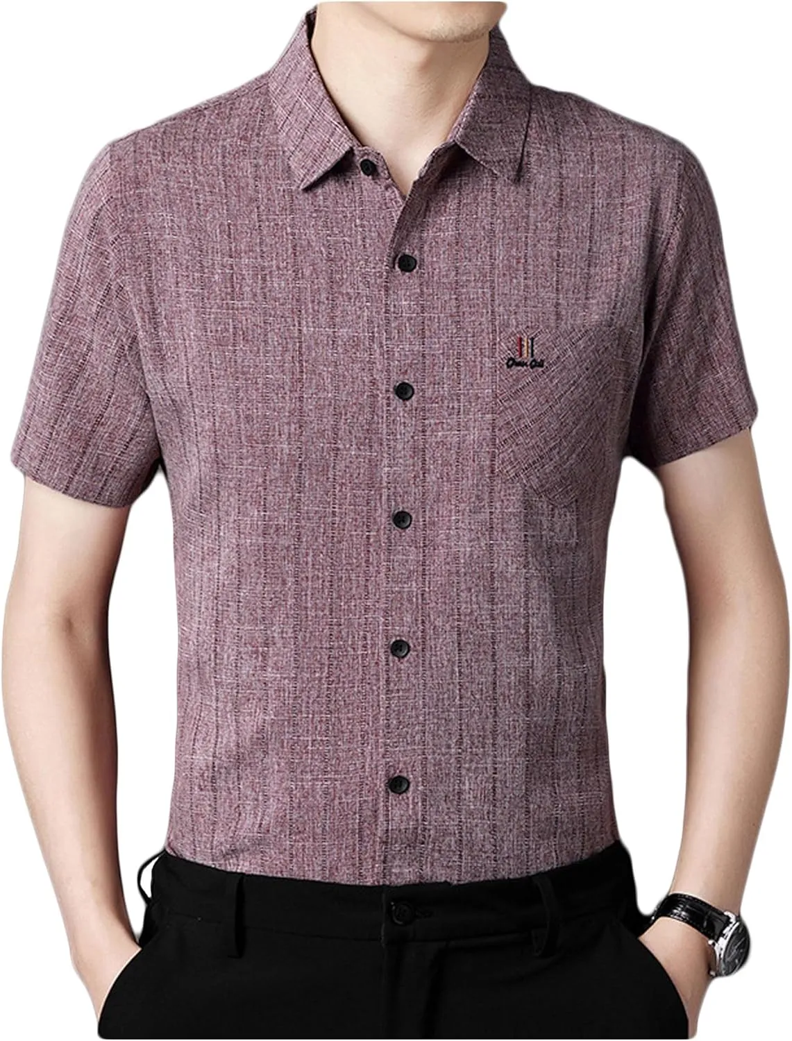Men's Shirt Slim Short-Sleeved Cotton Linen Striped Shirt