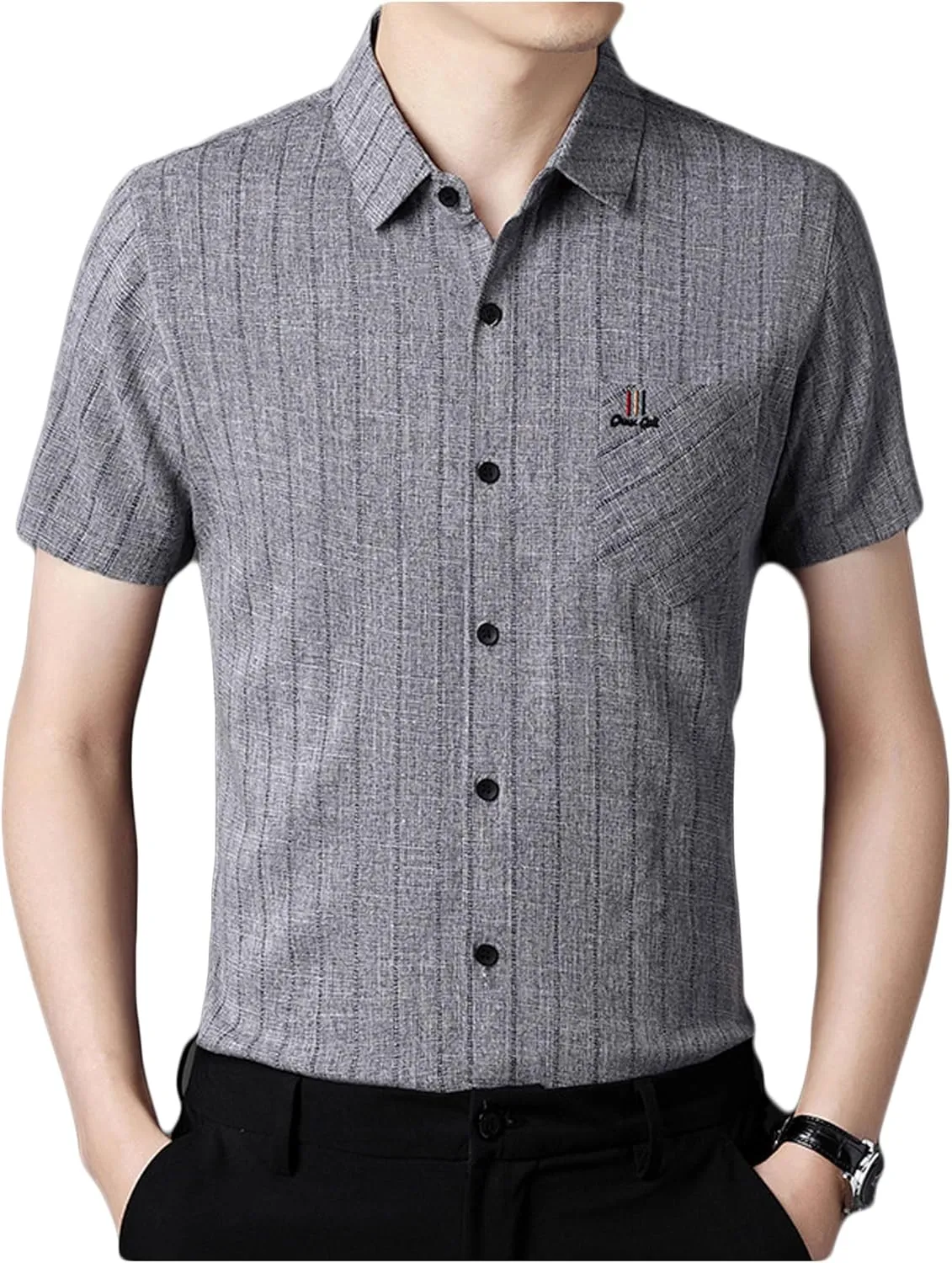 Men's Shirt Slim Short-Sleeved Cotton Linen Striped Shirt