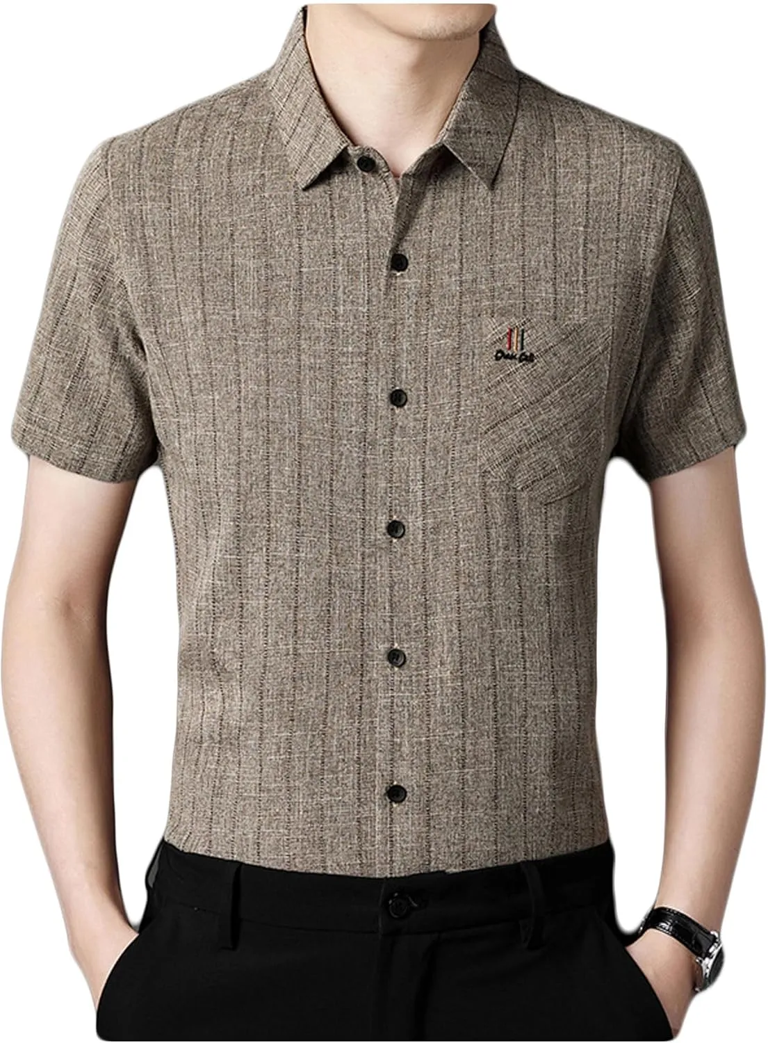 Men's Shirt Slim Short-Sleeved Cotton Linen Striped Shirt