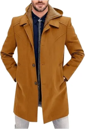 Mens Single Breasted Trench Coat Mid Long Jacket Notched Lapel Winter Chunky Warm Overcoat
