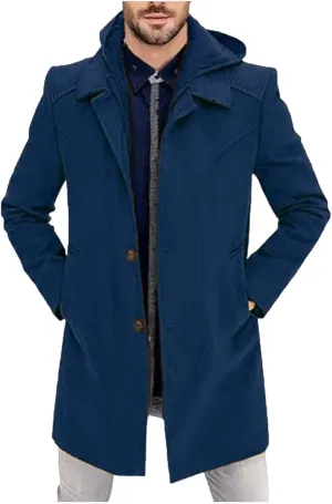 Mens Single Breasted Trench Coat Mid Long Jacket Notched Lapel Winter Chunky Warm Overcoat
