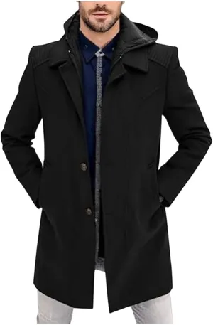 Mens Single Breasted Trench Coat Mid Long Jacket Notched Lapel Winter Chunky Warm Overcoat