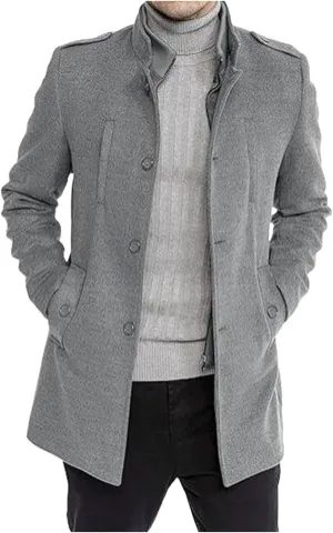 Mens Single Breasted Trench Coat Winter Wool Blend Pea Coat Warm Stand Collar Work Business Jacket Outerwear