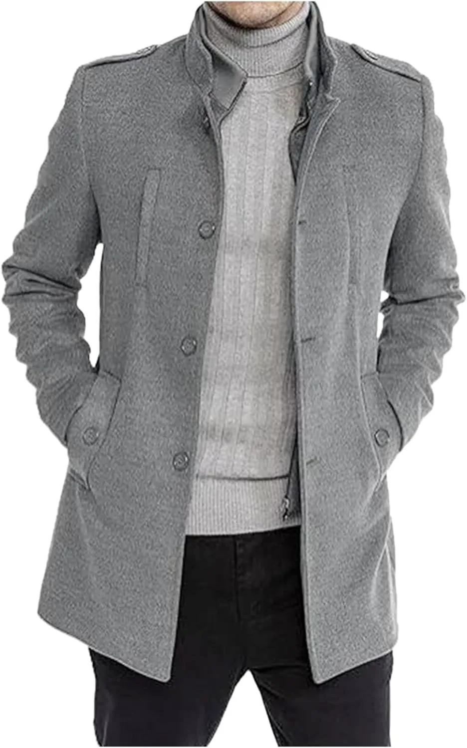 Mens Single Breasted Trench Coat Winter Wool Blend Pea Coat Warm Stand Collar Work Business Jacket Outerwear