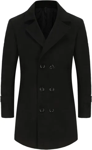 Men's Single Breasted Winter Pea Coat Warm Wool Blend Casual Overcoat with Pockets
