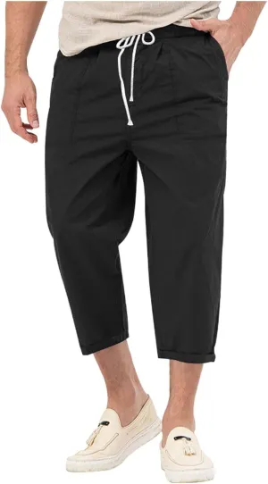 Mens Solid Capri Pants Expandable Drawstring Waist Combat Track Casual Cropped Pant Lightweight Tactical Summer Cozy Trousers