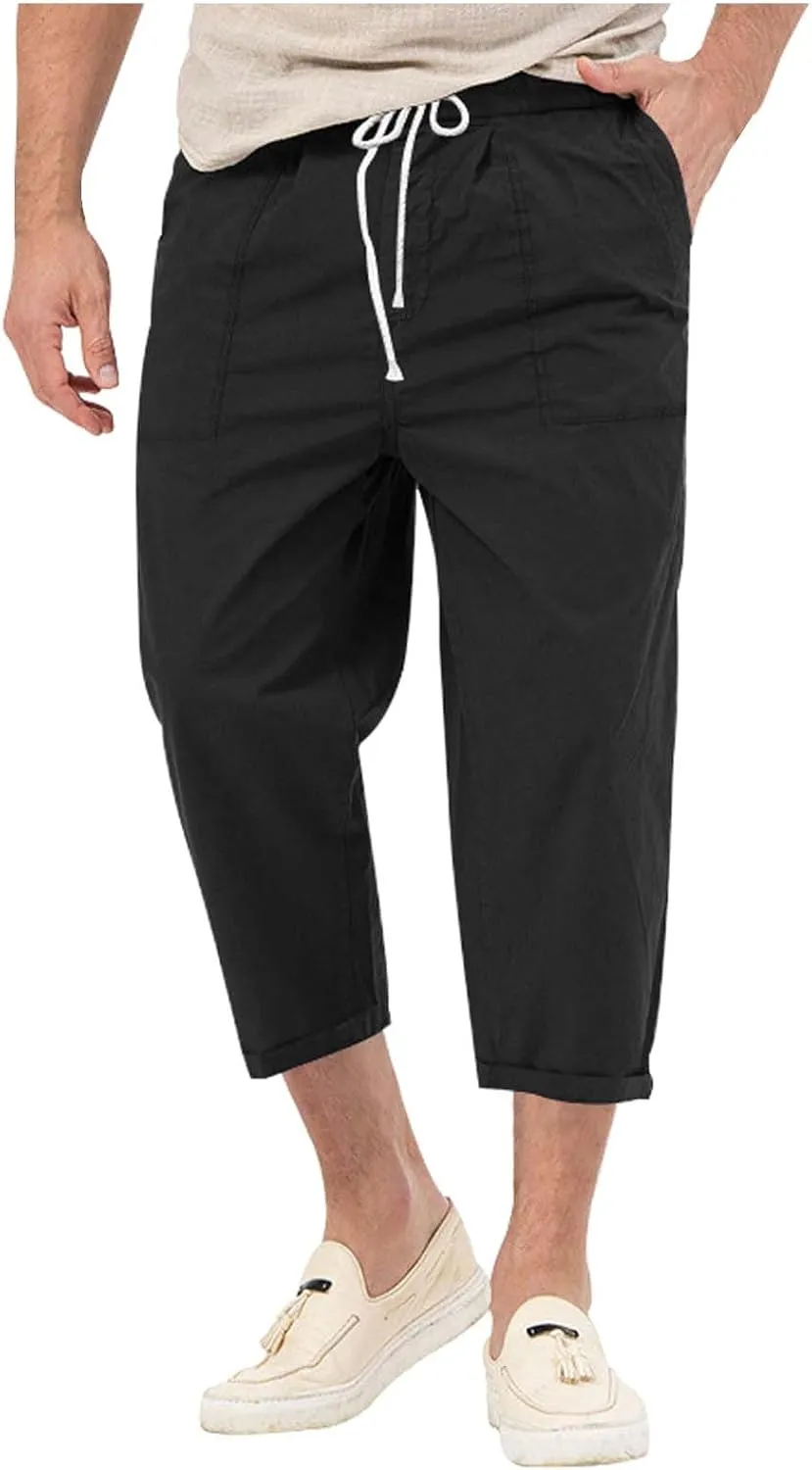 Mens Solid Capri Pants Expandable Drawstring Waist Combat Track Casual Cropped Pant Lightweight Tactical Summer Cozy Trousers